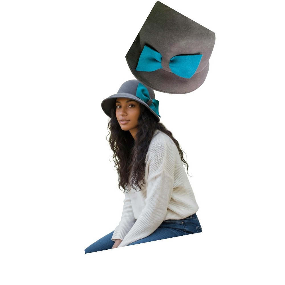 Halogen Women's Dark Gray Wool‎ Cloche Hat Teal Bow Made in Italy